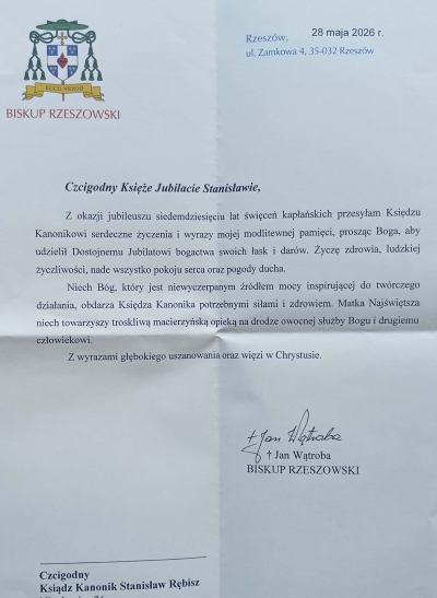 List gratulacyjny od Biskupa Rzeszowskiego - Jana Wątroby